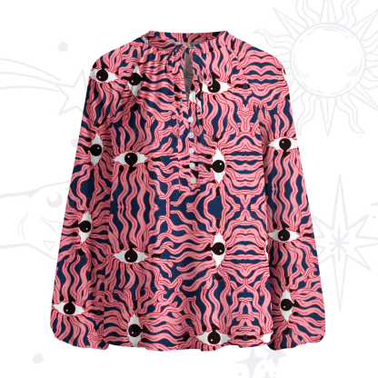 Purplehecate Psychedelic Wave Eyes Split Neck Tie Blouse