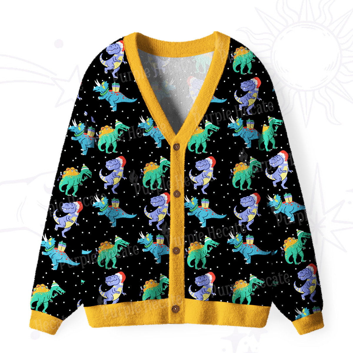 Purplehecate Funny Christmas Dinosaurs Ugly Cardigan Sweaters
