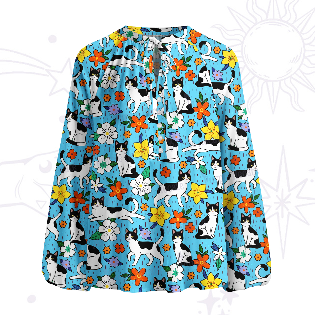Purplehecate Enchanted Spring Whispering Cat Split Neck Tie Blouse