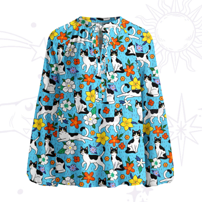 Purplehecate Enchanted Spring Whispering Cat Split Neck Tie Blouse