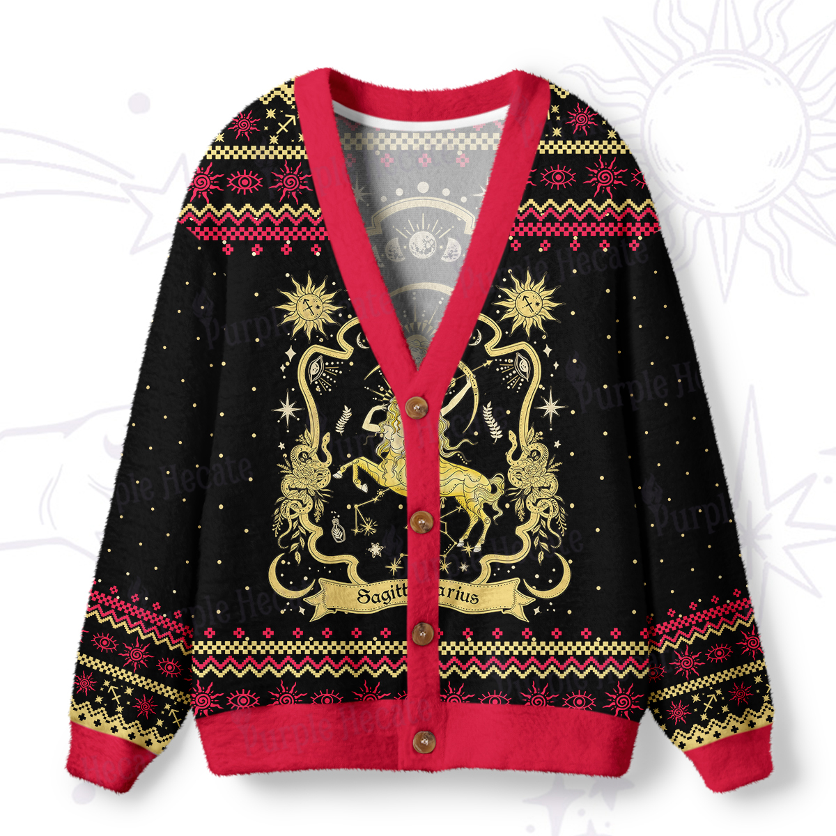 Purplehecate Sagittarius' Astral Mirage Zodiac Ugly Cardigan Sweaters