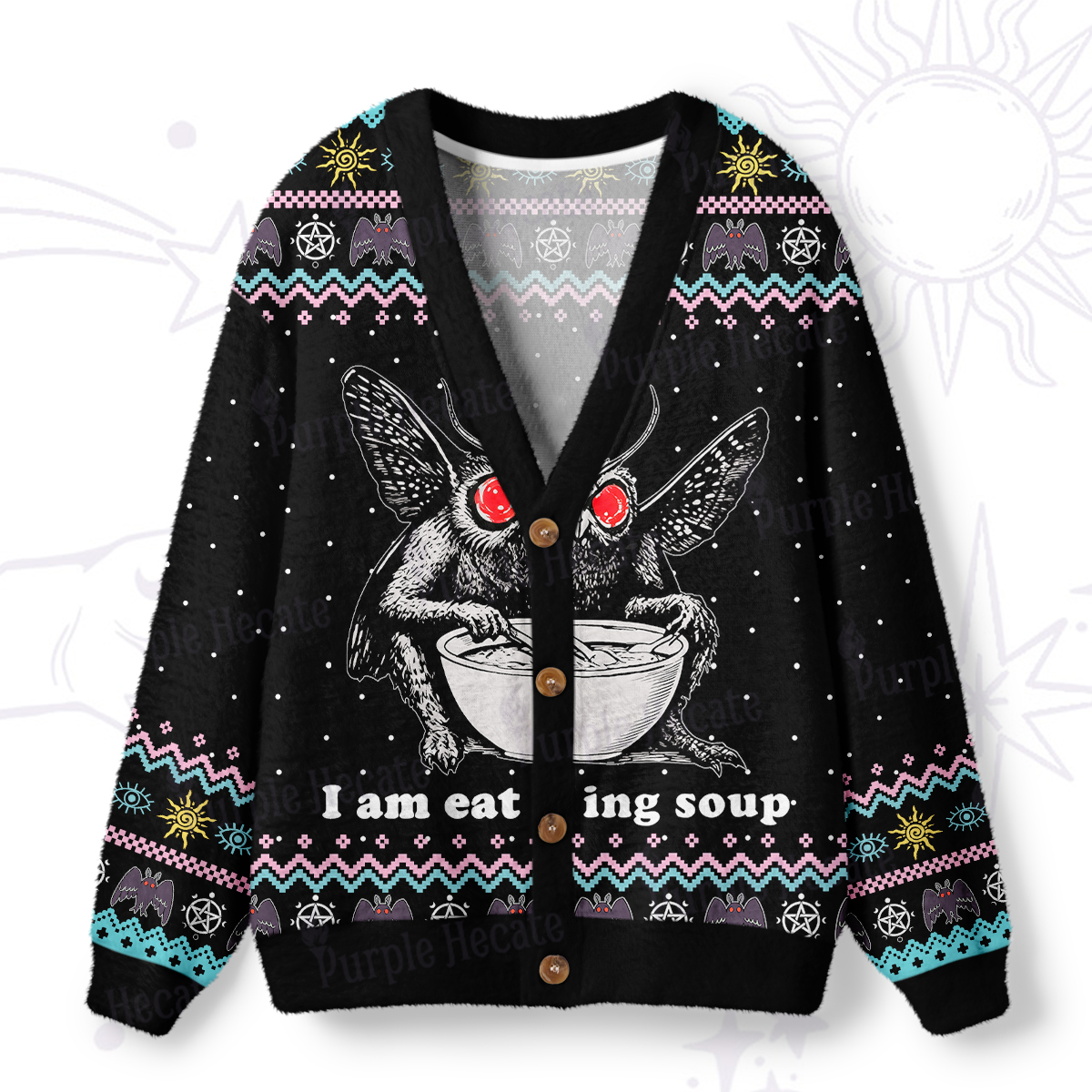 Purplehecate Mothman Eating Soup Ugly Cardigan Sweaters