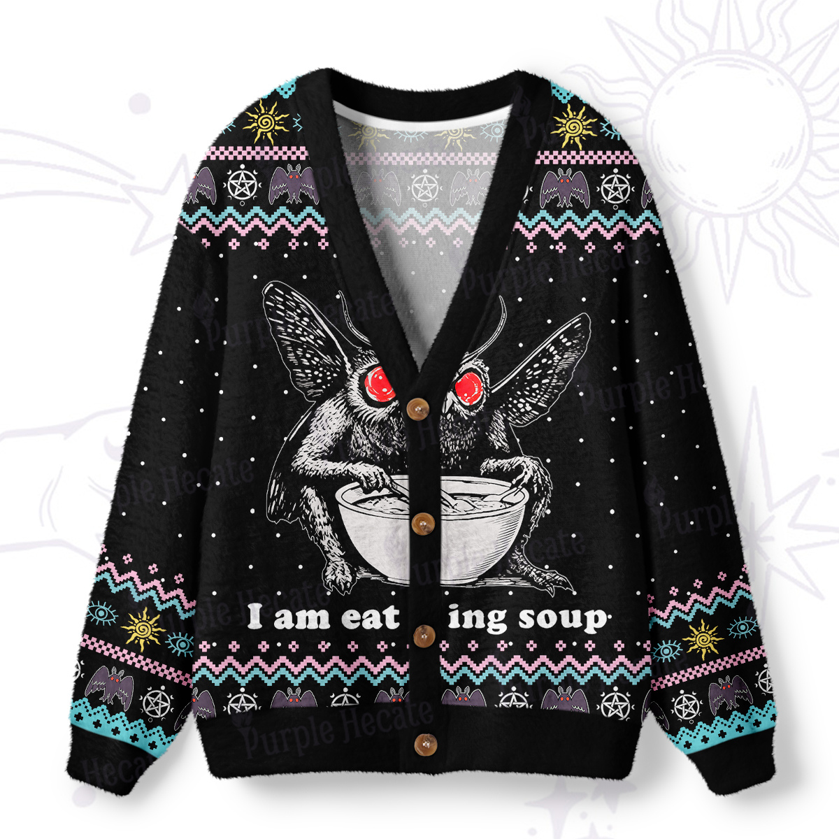 Purplehecate Mothman Eating Soup Ugly Cardigan Sweaters