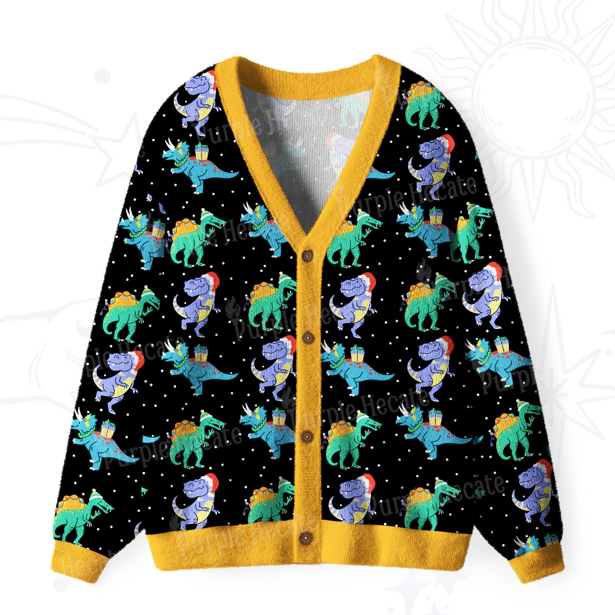 Purplehecate Funny Christmas Dinosaurs Ugly Cardigan Sweaters