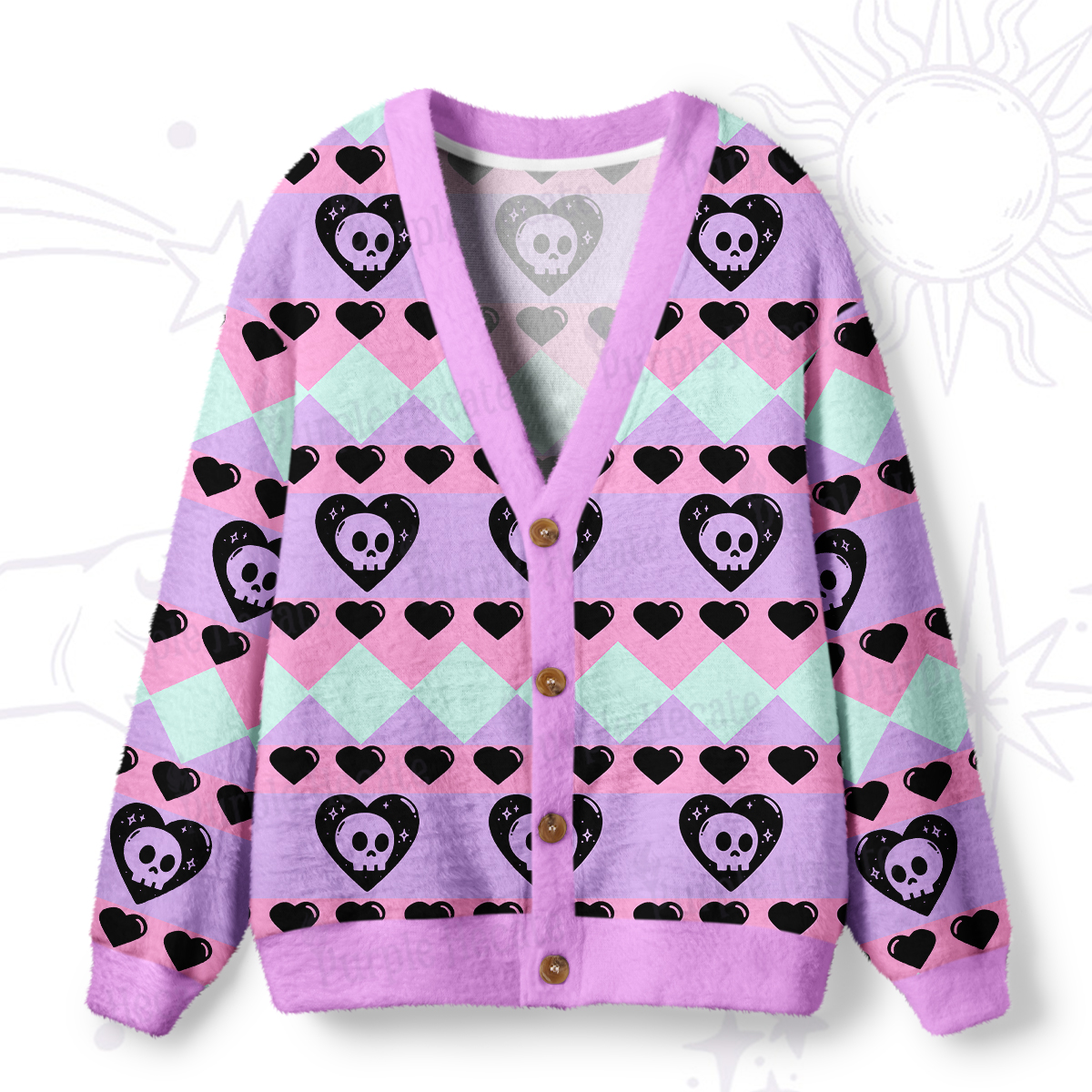 Purplehecate Sweet Yet Spooky Skull Heart Ugly Cardigan Sweaters