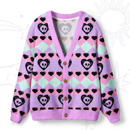 Purplehecate Sweet Yet Spooky Skull Heart Ugly Cardigan Sweaters