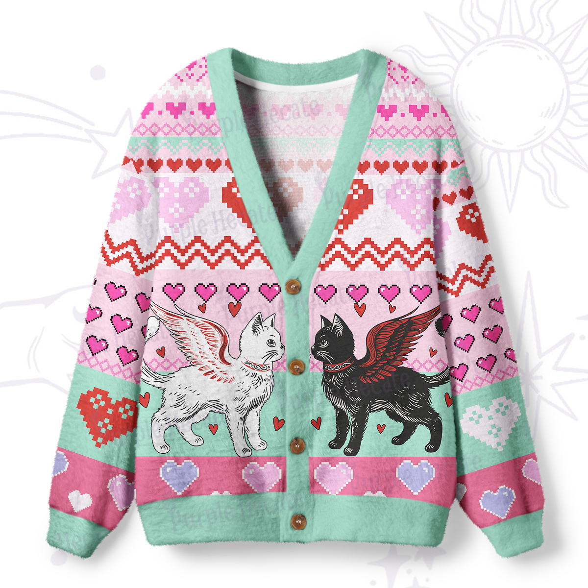 Purplehecate Angel & Demon Cats Ugly Cardigan Sweaters