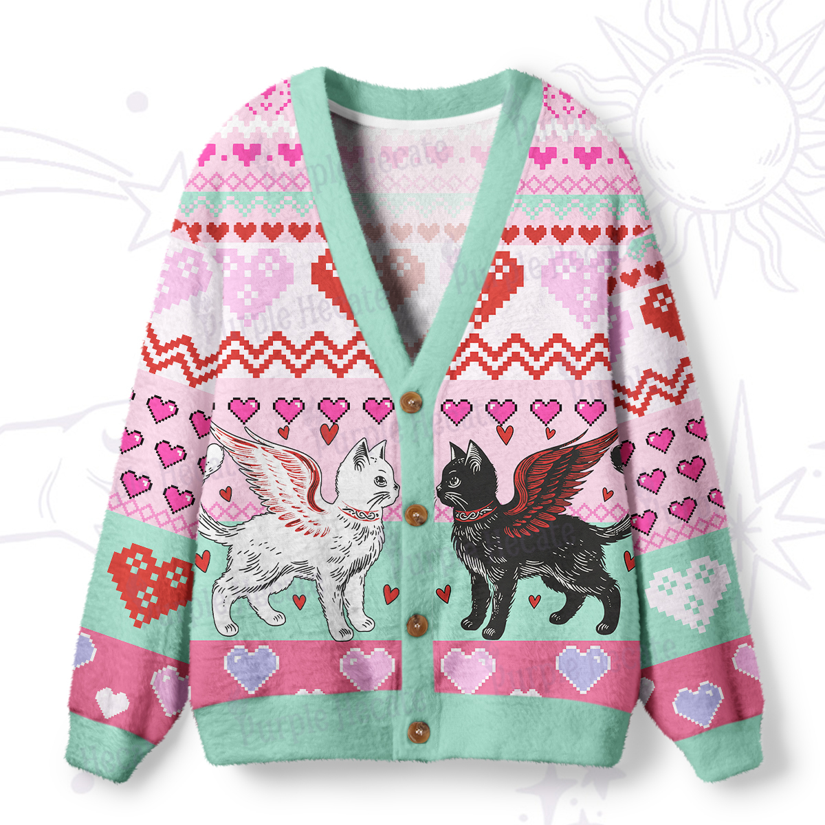 Purplehecate Angel & Demon Cats Ugly Cardigan Sweaters
