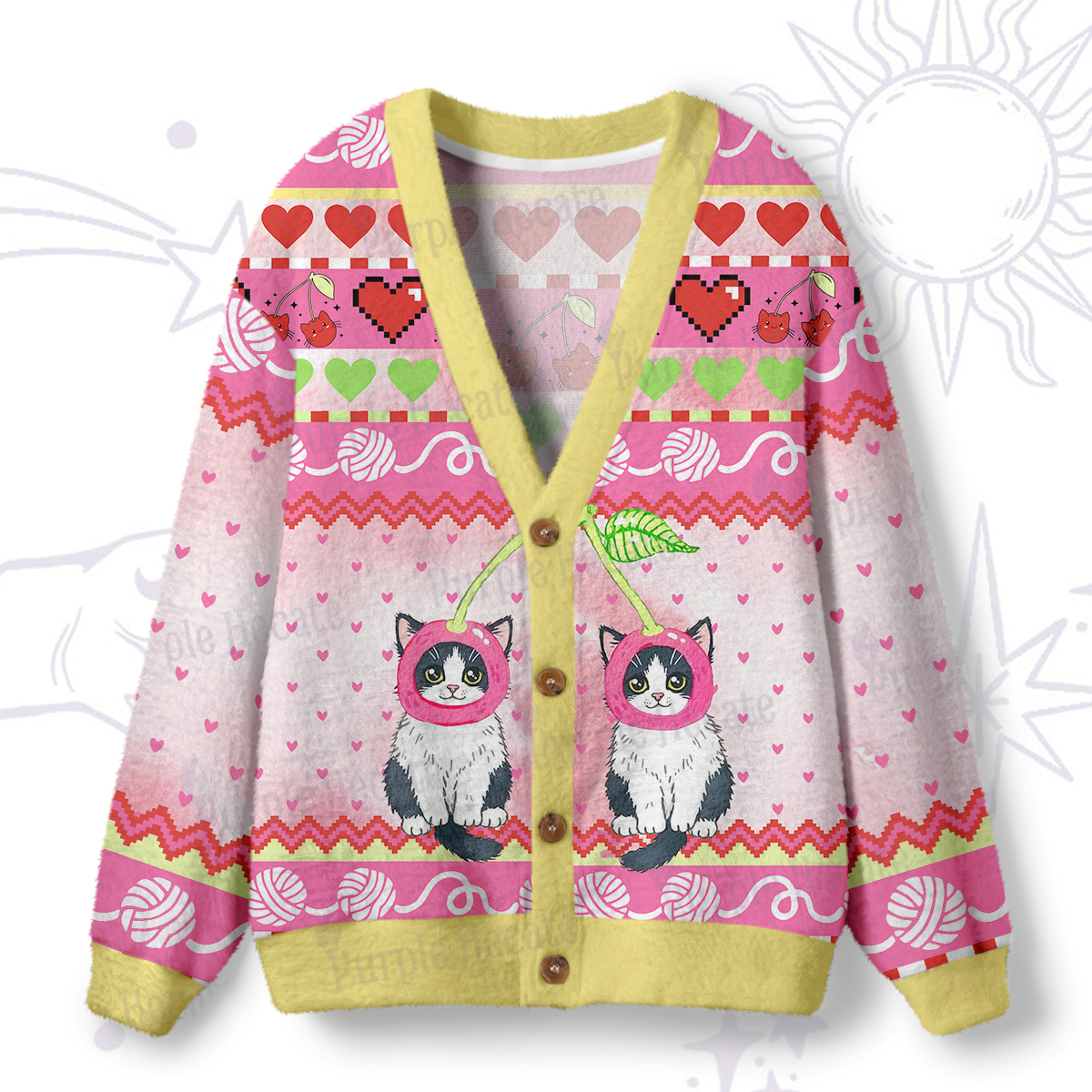 Purplehecate Sweet Cherry Cats Ugly Cardigan Sweaters