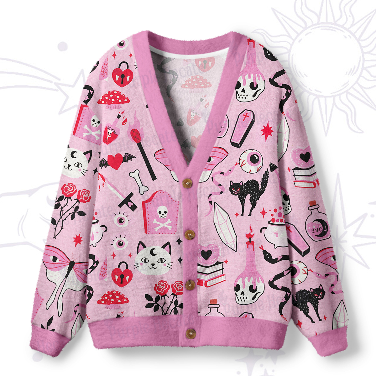 Purplehecate Black Cat Witchy Pink Ugly Cardigan Sweaters