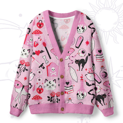 Purplehecate Black Cat Witchy Pink Ugly Cardigan Sweaters