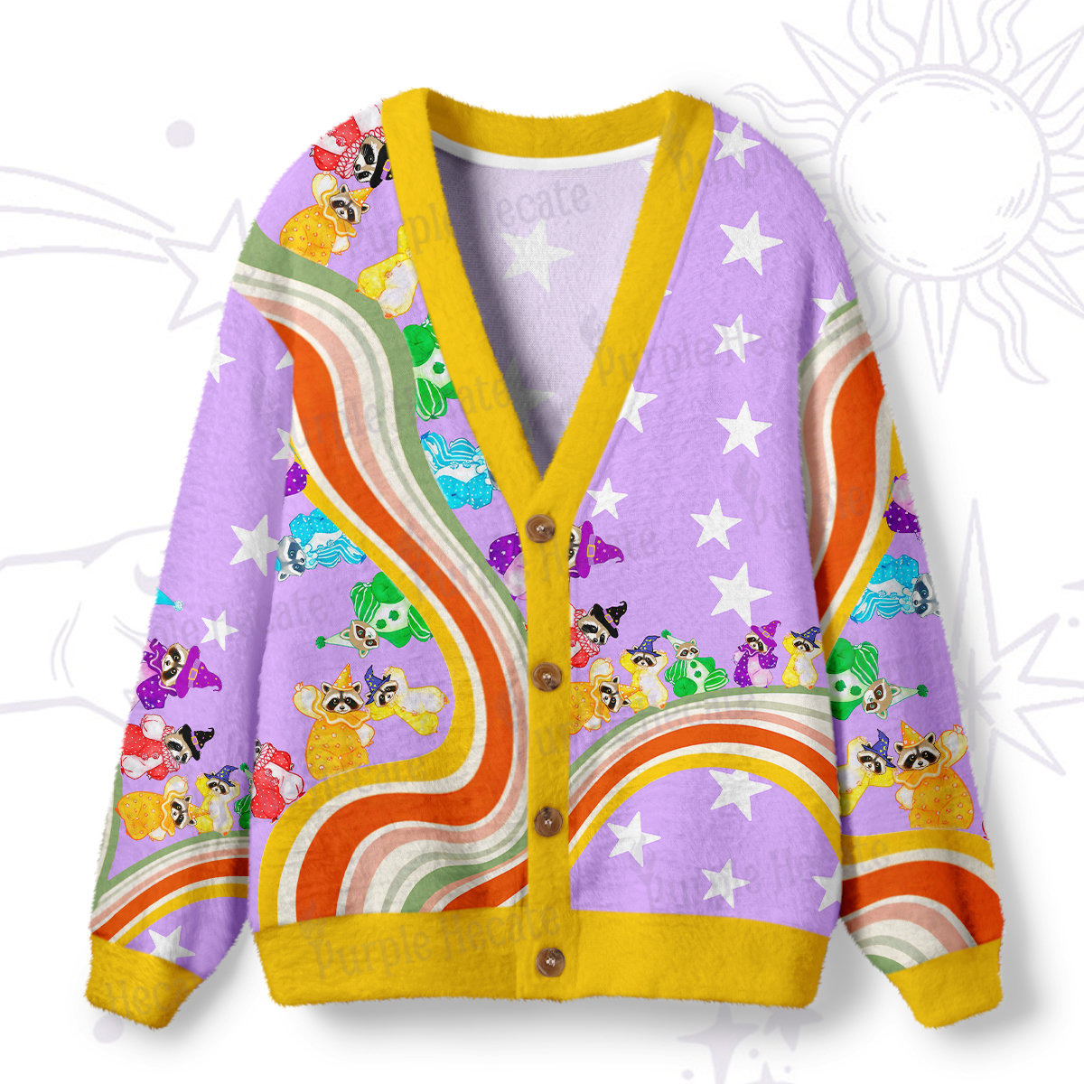 Purplehecate Rainbow Raccoon Star Ugly Cardigan Sweaters