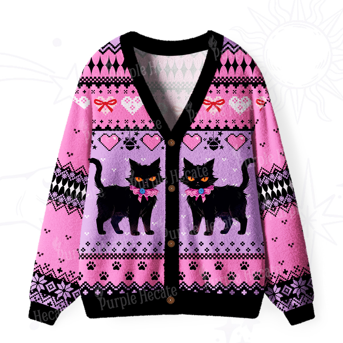 Purplehecate UWitchy Black Cat Heart Ugly Cardigan Sweaters
