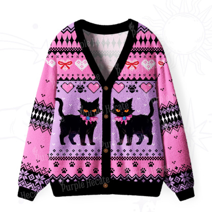 Purplehecate UWitchy Black Cat Heart Ugly Cardigan Sweaters