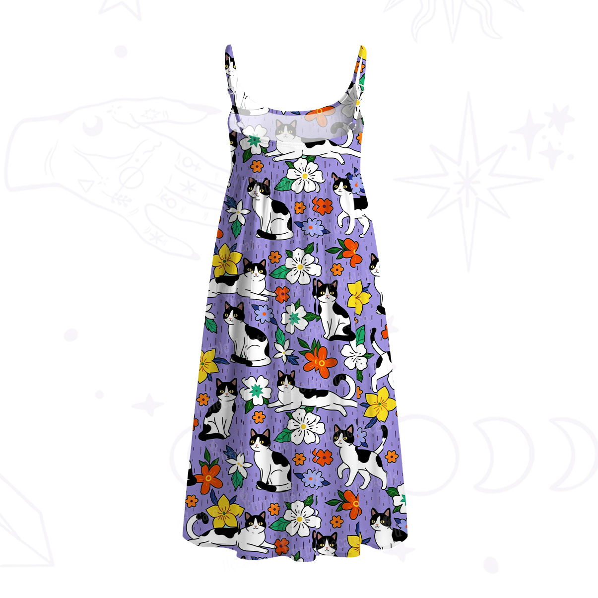Purplehecate Enchanted Spring Whispering Cat Spaghetti Strap Midi Dress