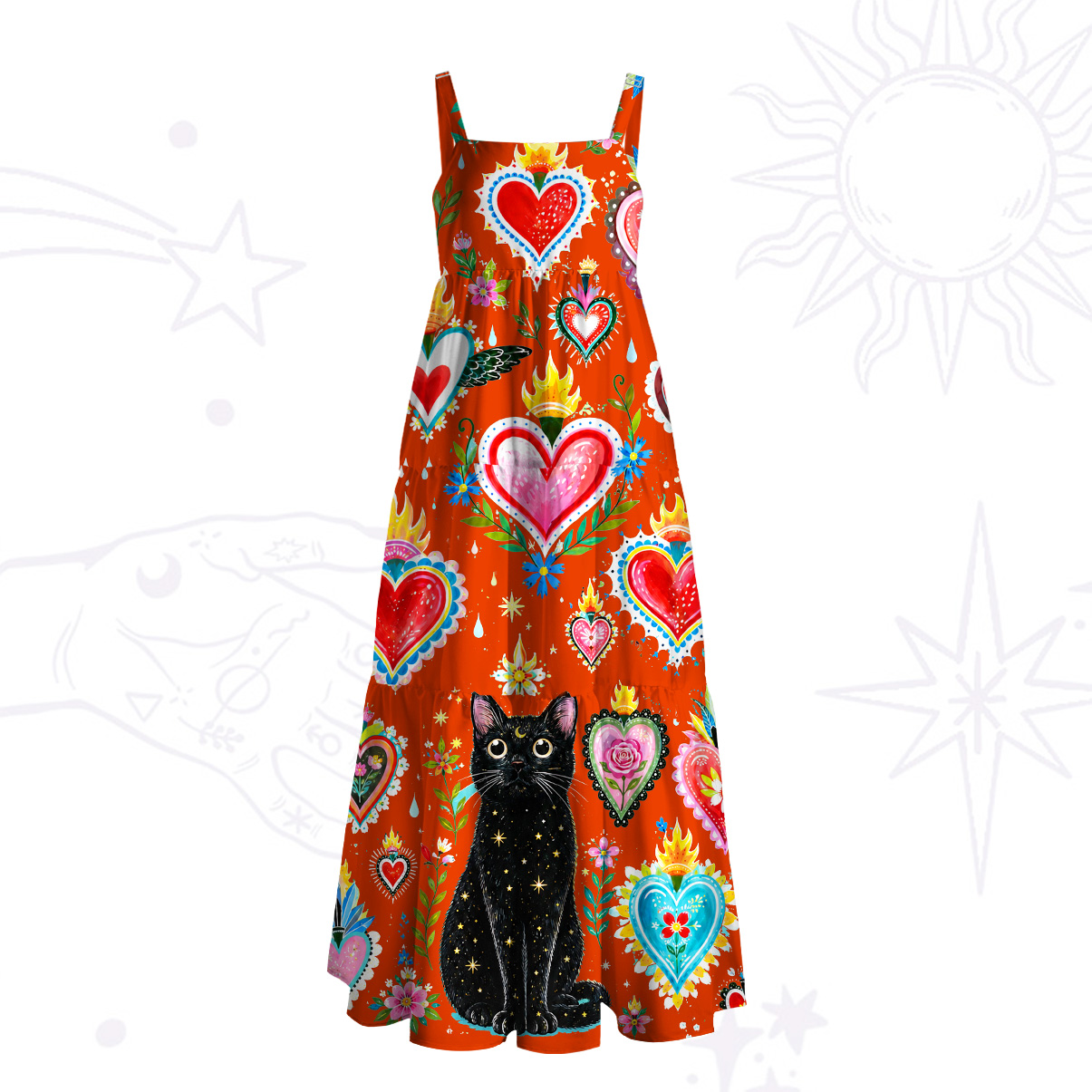 Purplehecate Mystic Heart Black Cat Wide Straps Maxi Dress