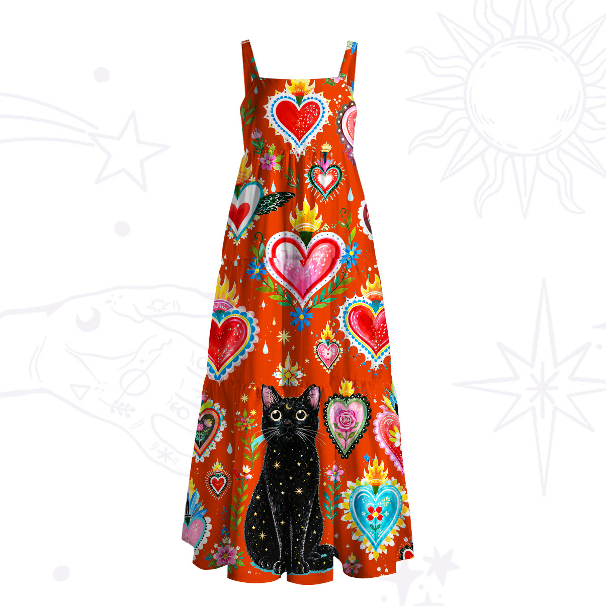 Purplehecate Mystic Heart Black Cat Wide Straps Maxi Dress