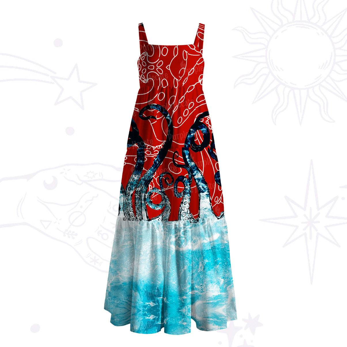 Purplehecate Ombre Octopus Glitter Tentacles Wide Straps Maxi Dress
