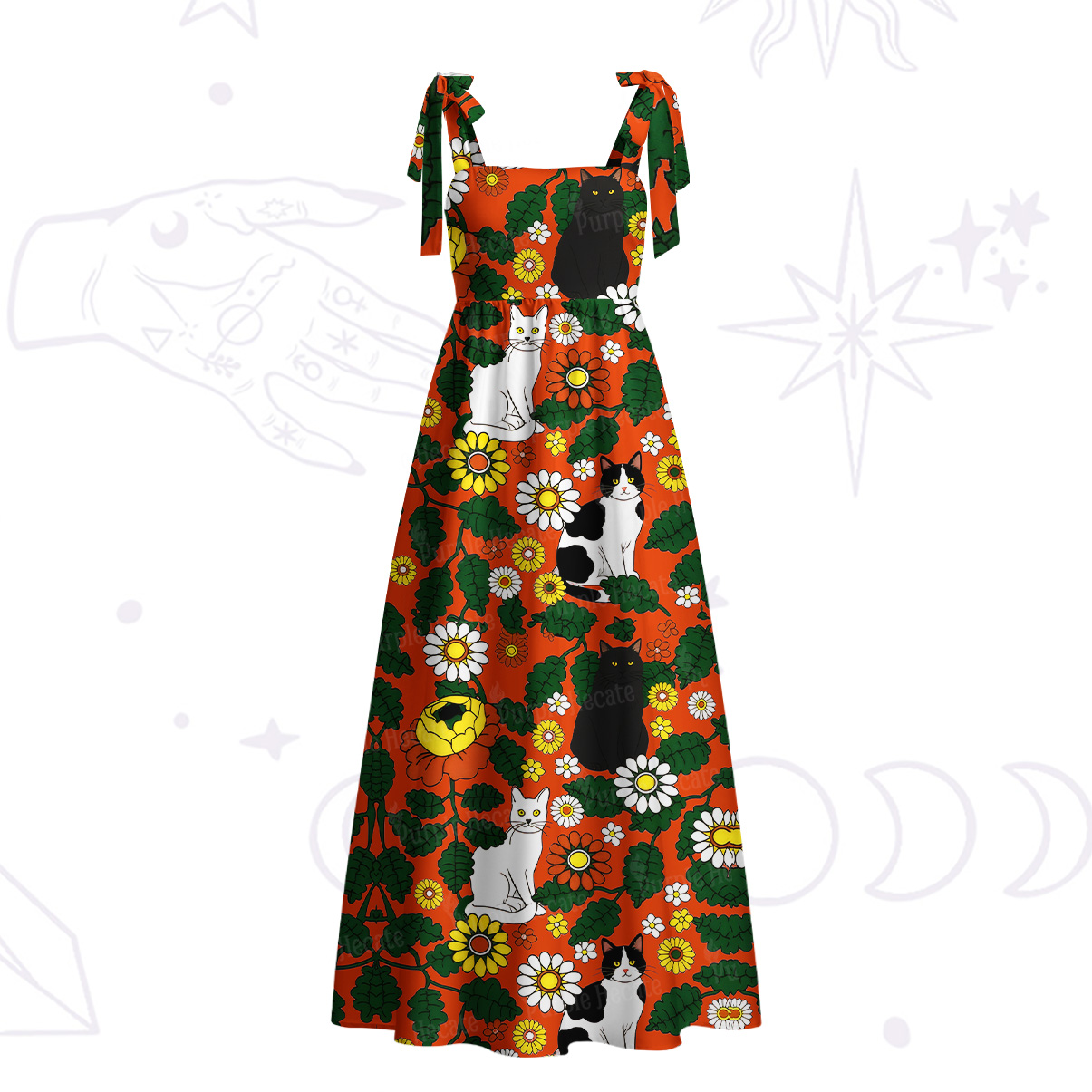 Purplehecate Daisy Cat  Garden Tie Shoulder Maxi Dress