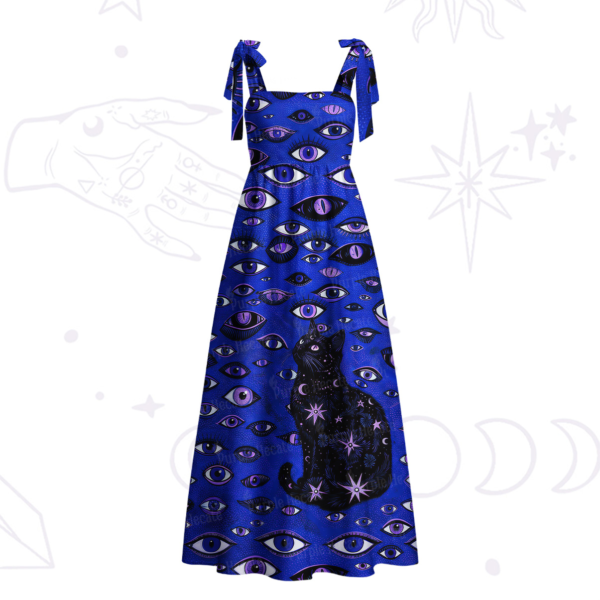 Purplehecate Cosmic Watcher Cat Tie Shoulder Maxi Dress