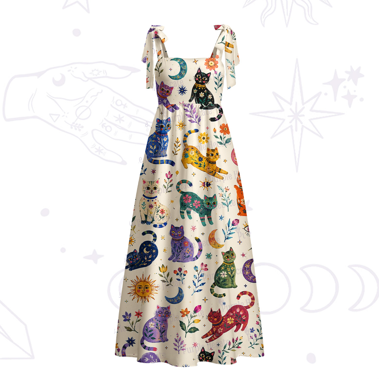 Purplehecate Rainbow Magic Cats Tie Shoulder Maxi Dress