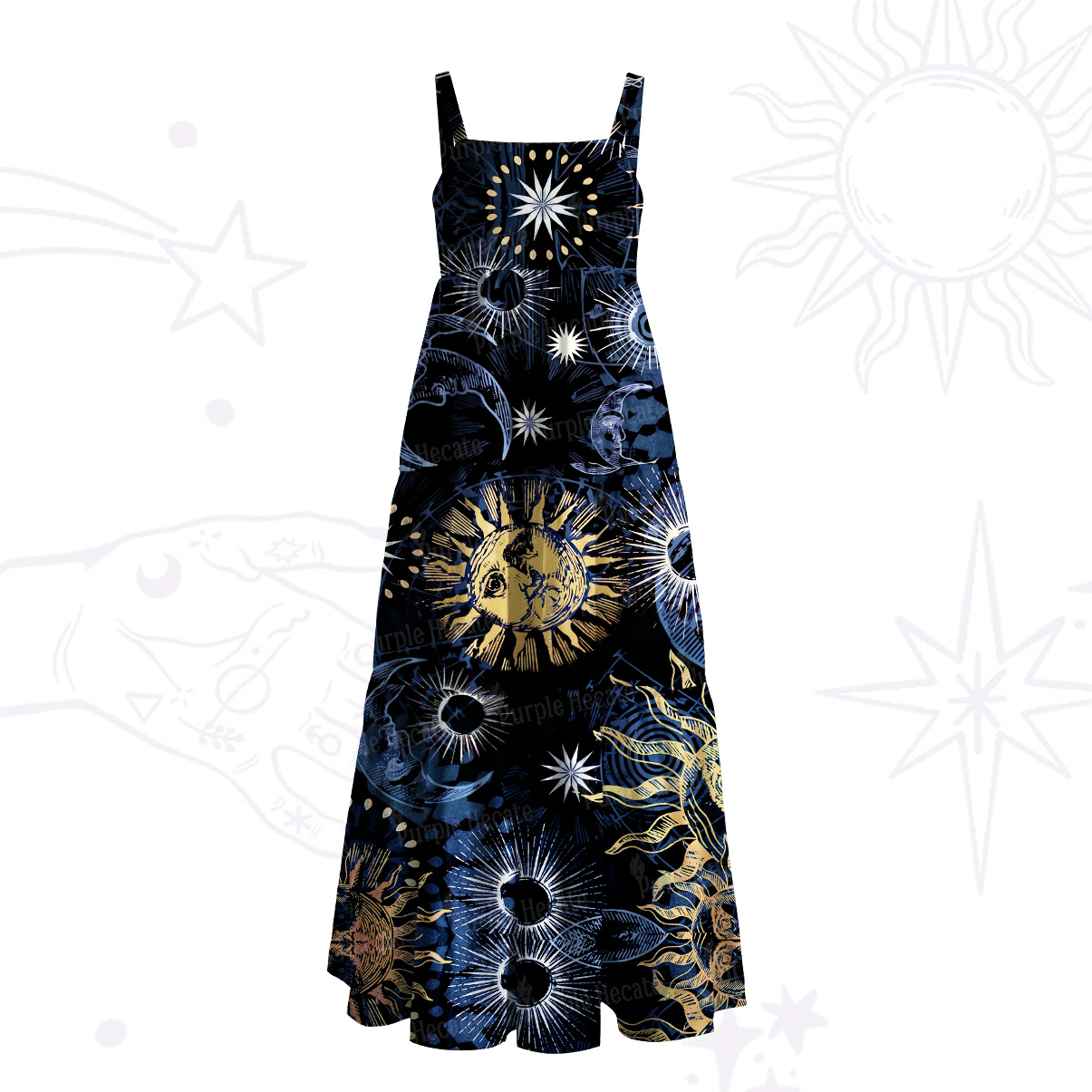 Purplehecate Starbound Celestial Sun & Moon Wide Straps Maxi Dress