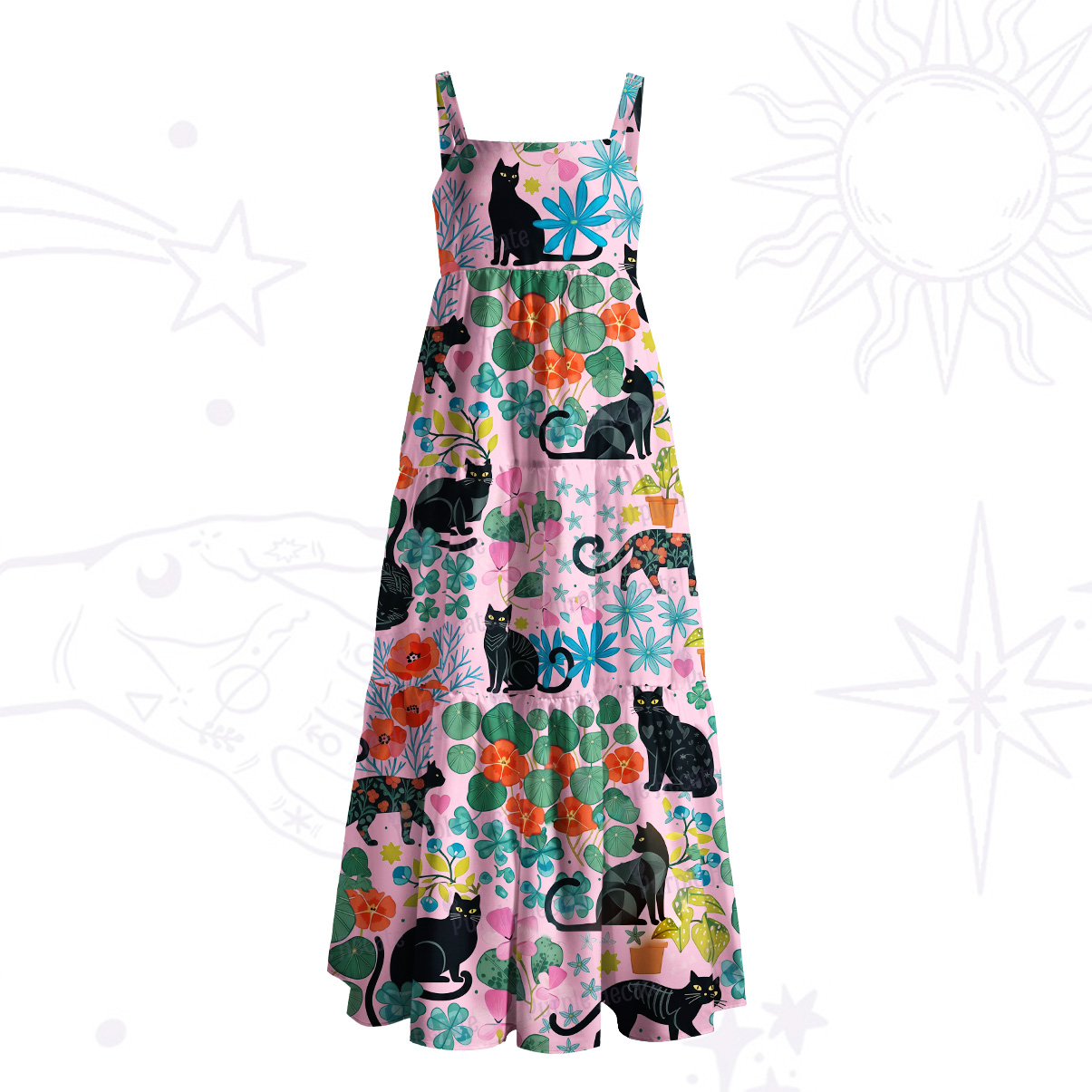 Purplehecate Mystic Meadow Black Cats Wide Straps Maxi Dress