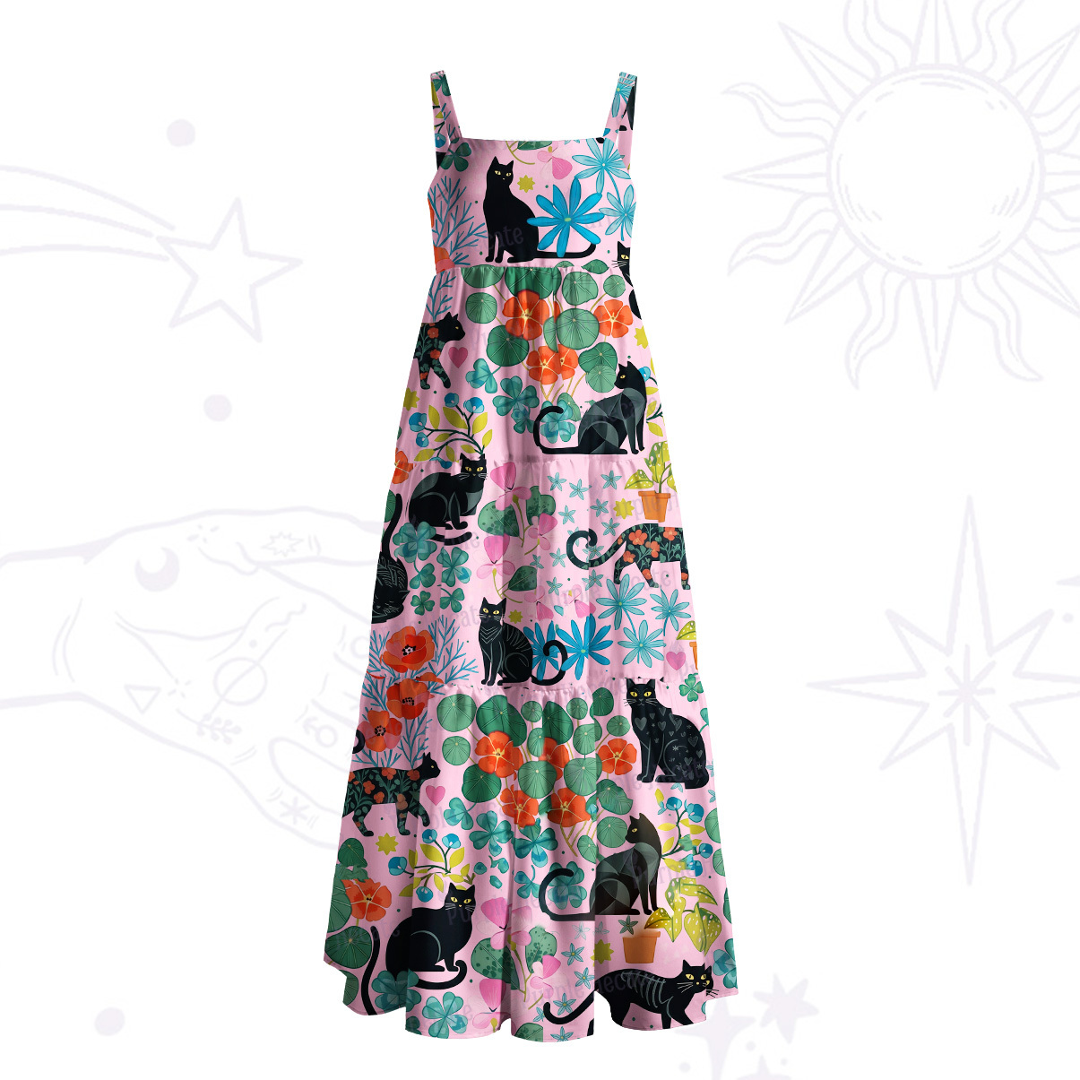 Purplehecate Mystic Meadow Black Cats Wide Straps Maxi Dress
