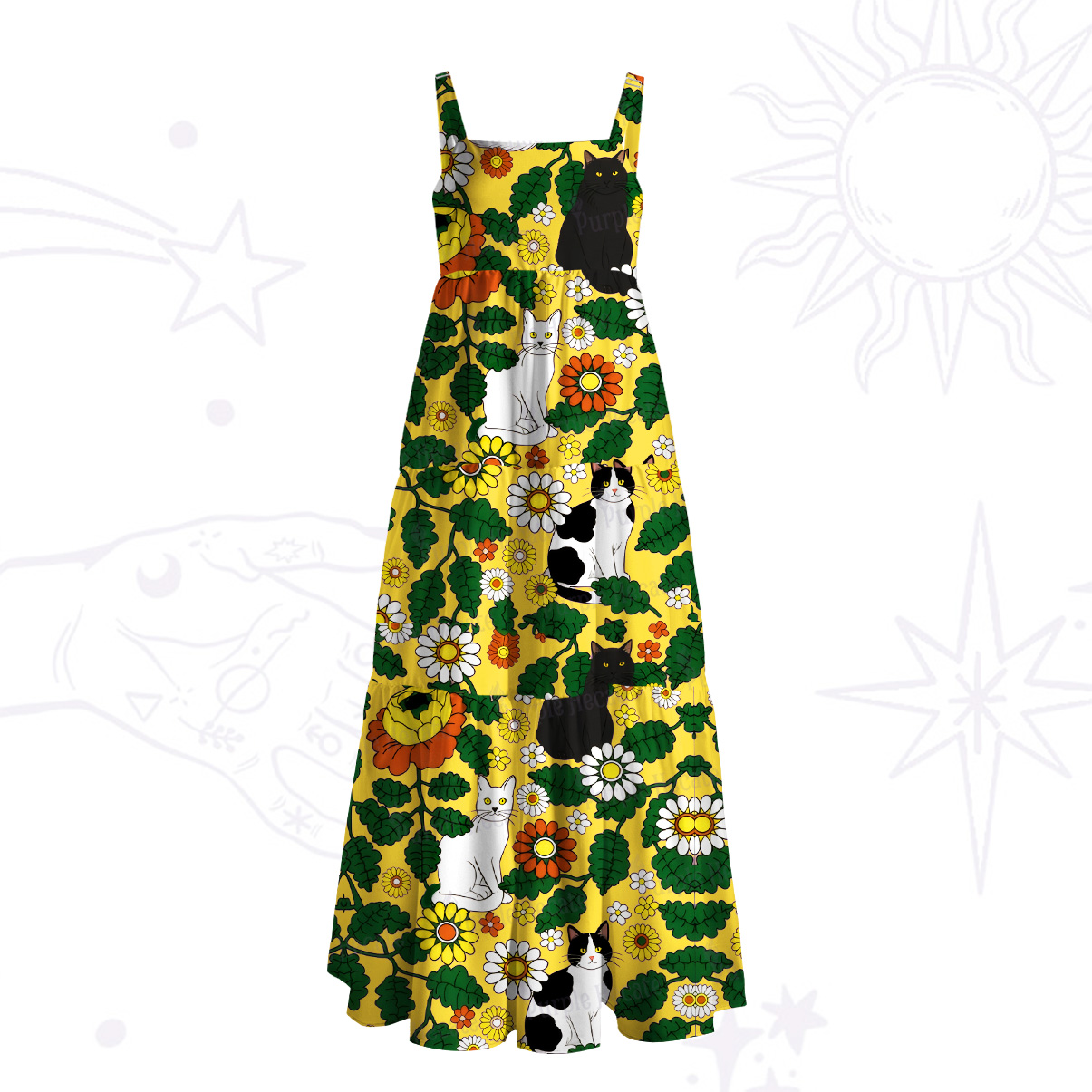 Purplehecate Daisy Cat  Garden Wide Straps Maxi Dress