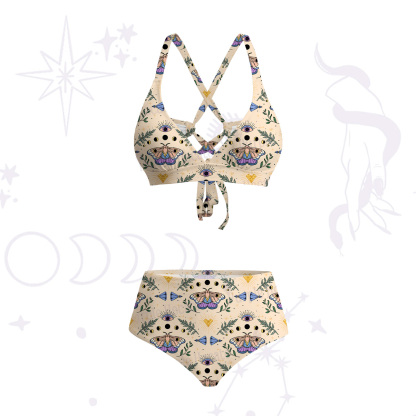 Purplehecate Luna Moth Witch Crisscross Tie-Back Bikini Set