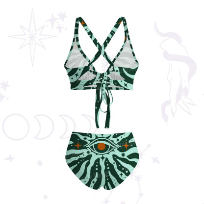 Purplehecate Green Vision Illusion Crisscross Tie-Back Bikini Set