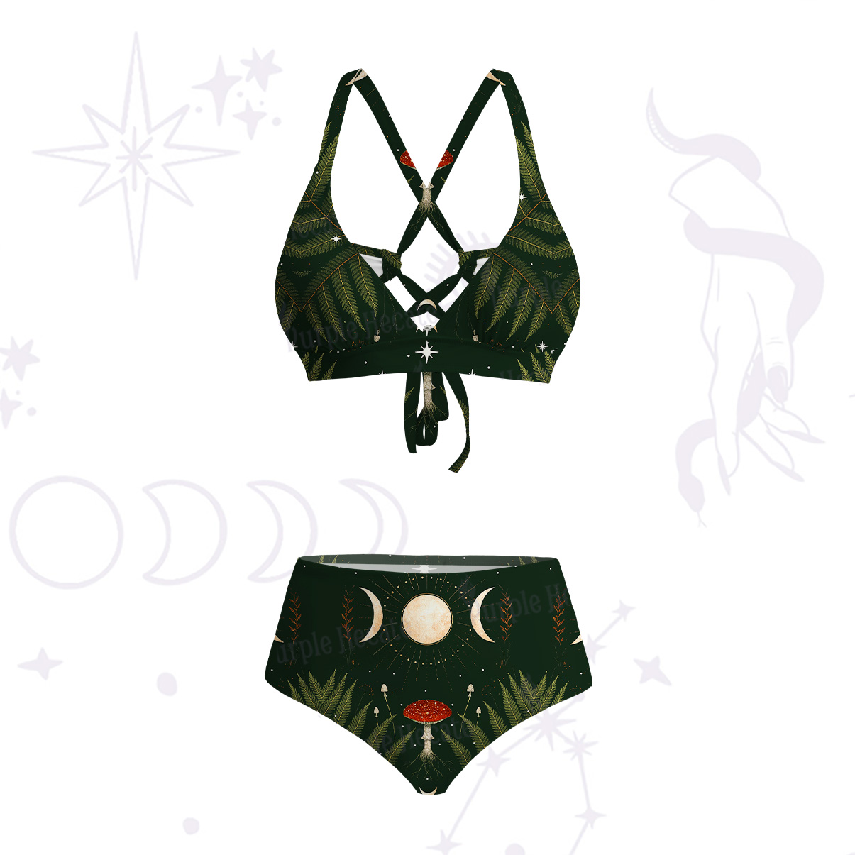 Purplehecate Moonlit Mushroom Gown Crisscross Tie-Back Bikini Set