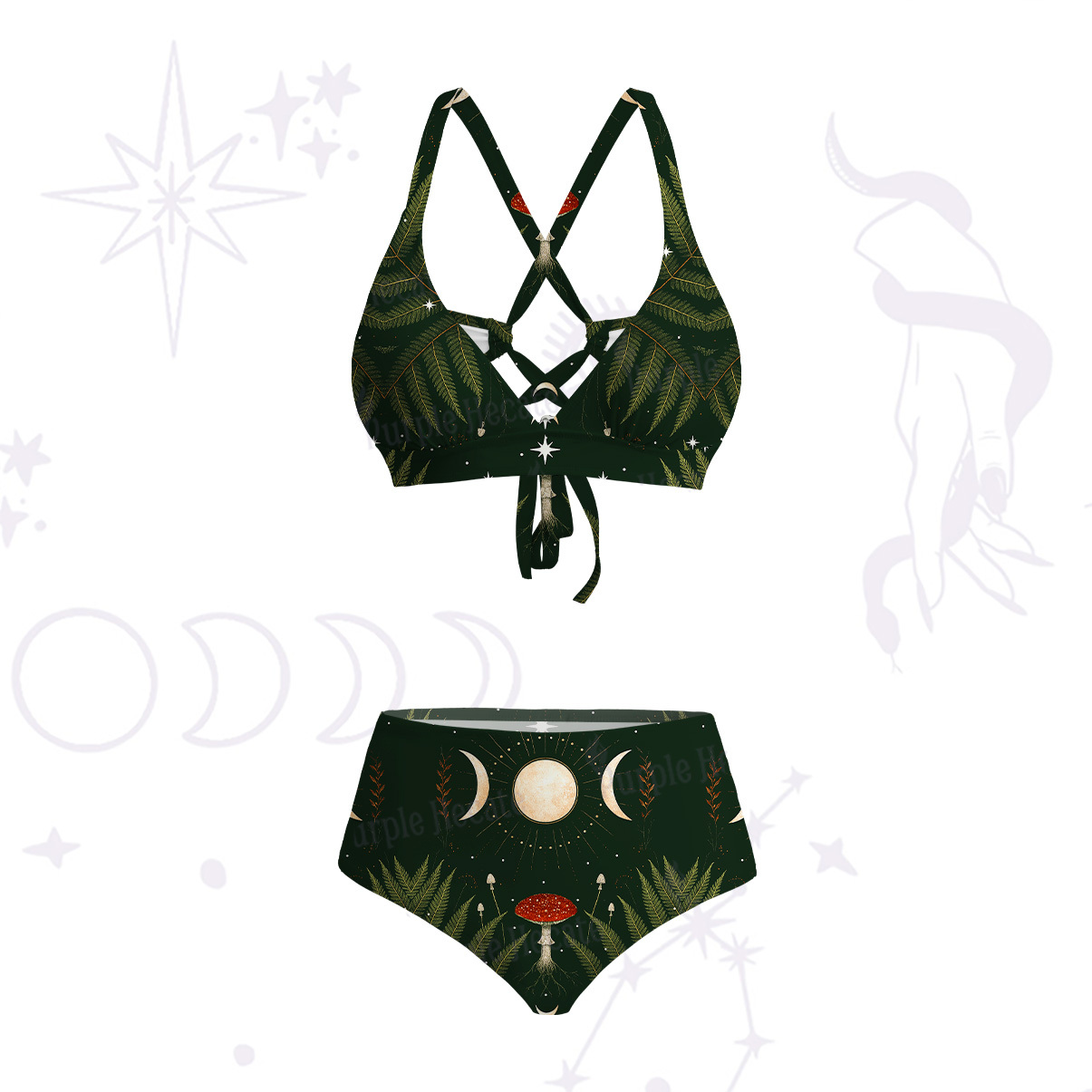 Purplehecate Moonlit Mushroom Gown Crisscross Tie-Back Bikini Set