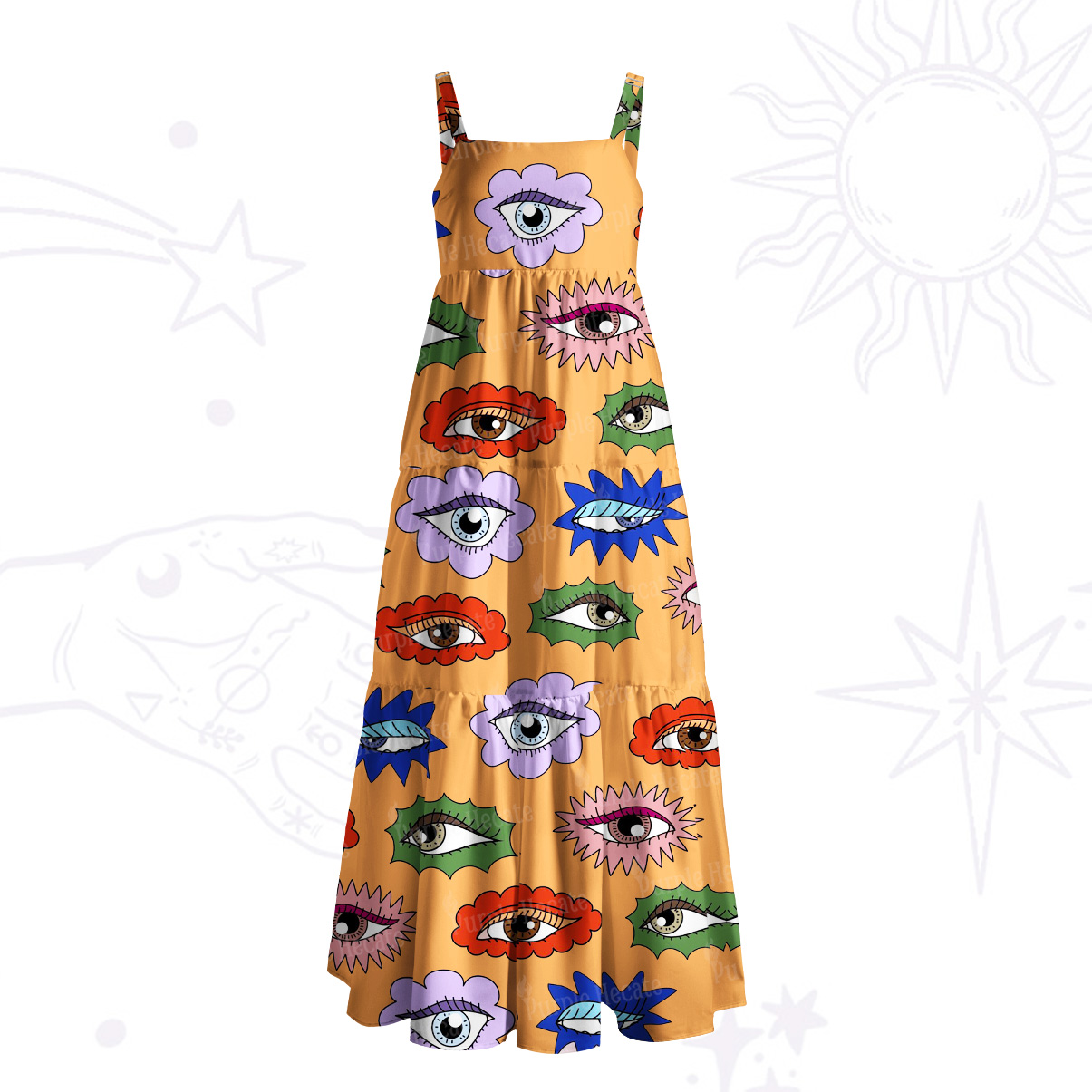 Purplehecate Rainbow Evil Eye Garden Wide Straps Maxi Dress