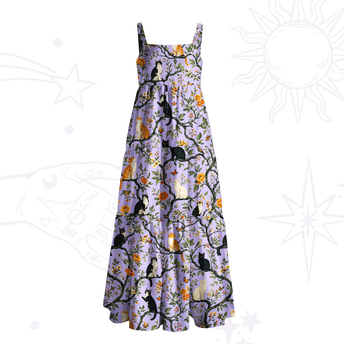 Purplehecate Enchanted Cat Grove Wide Straps Maxi Dress