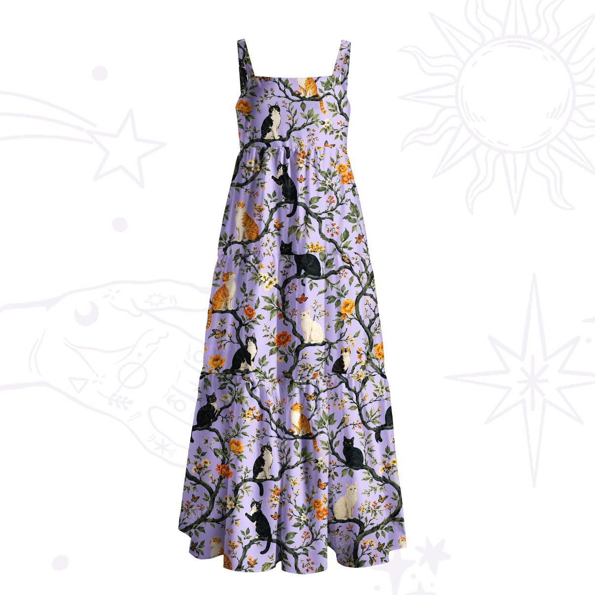 Purplehecate Enchanted Cat Grove Wide Straps Maxi Dress