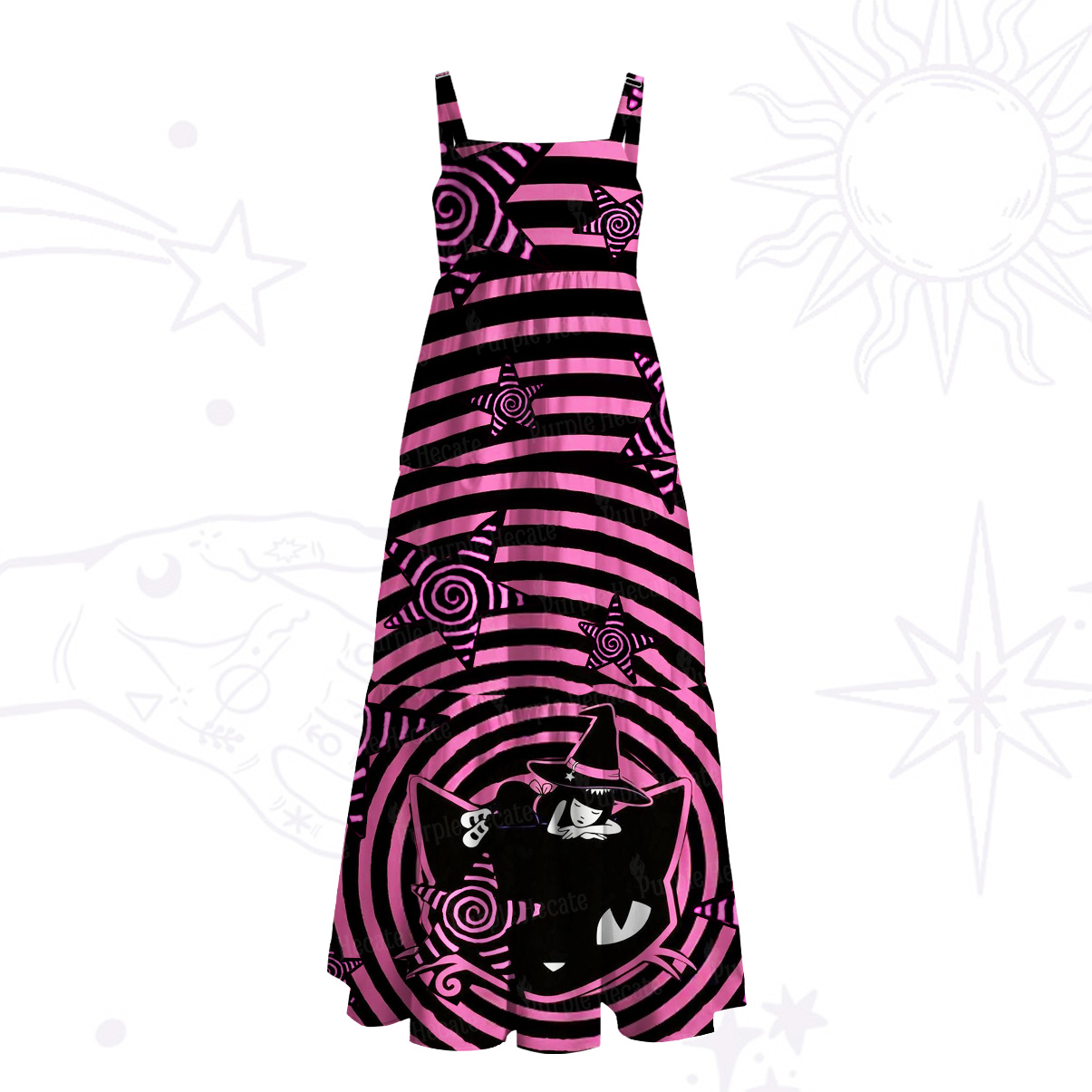 Purplehecate Trippy Spiral Black Cat Wide Straps Maxi Dress