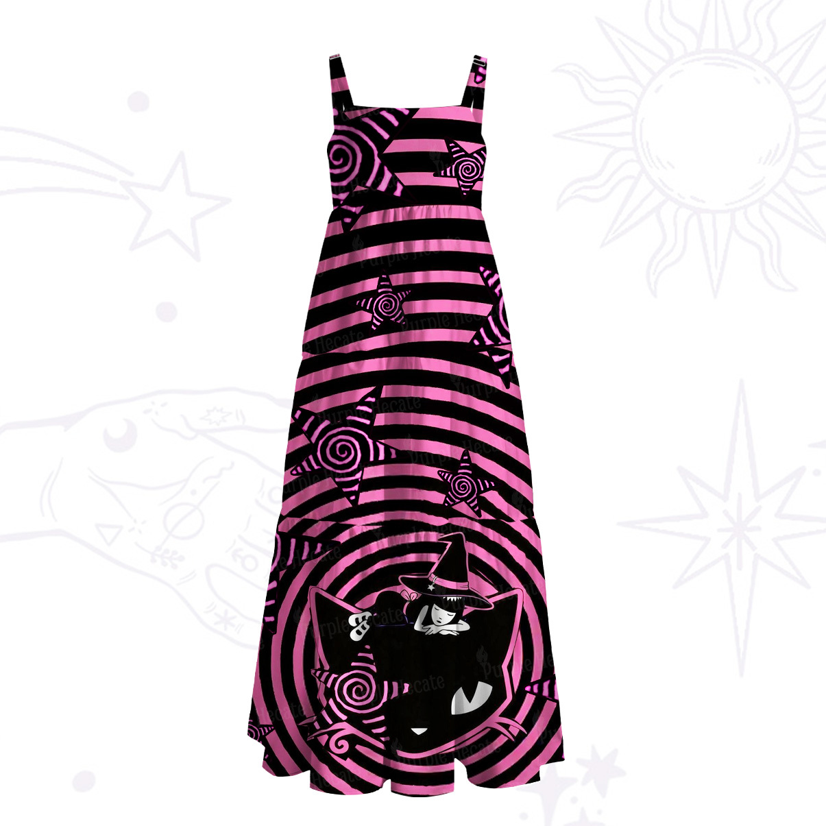 Purplehecate Trippy Spiral Black Cat Wide Straps Maxi Dress