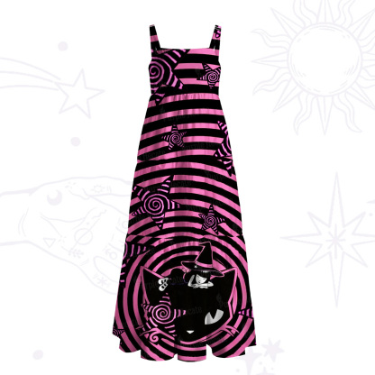 Purplehecate Trippy Spiral Black Cat Wide Straps Maxi Dress