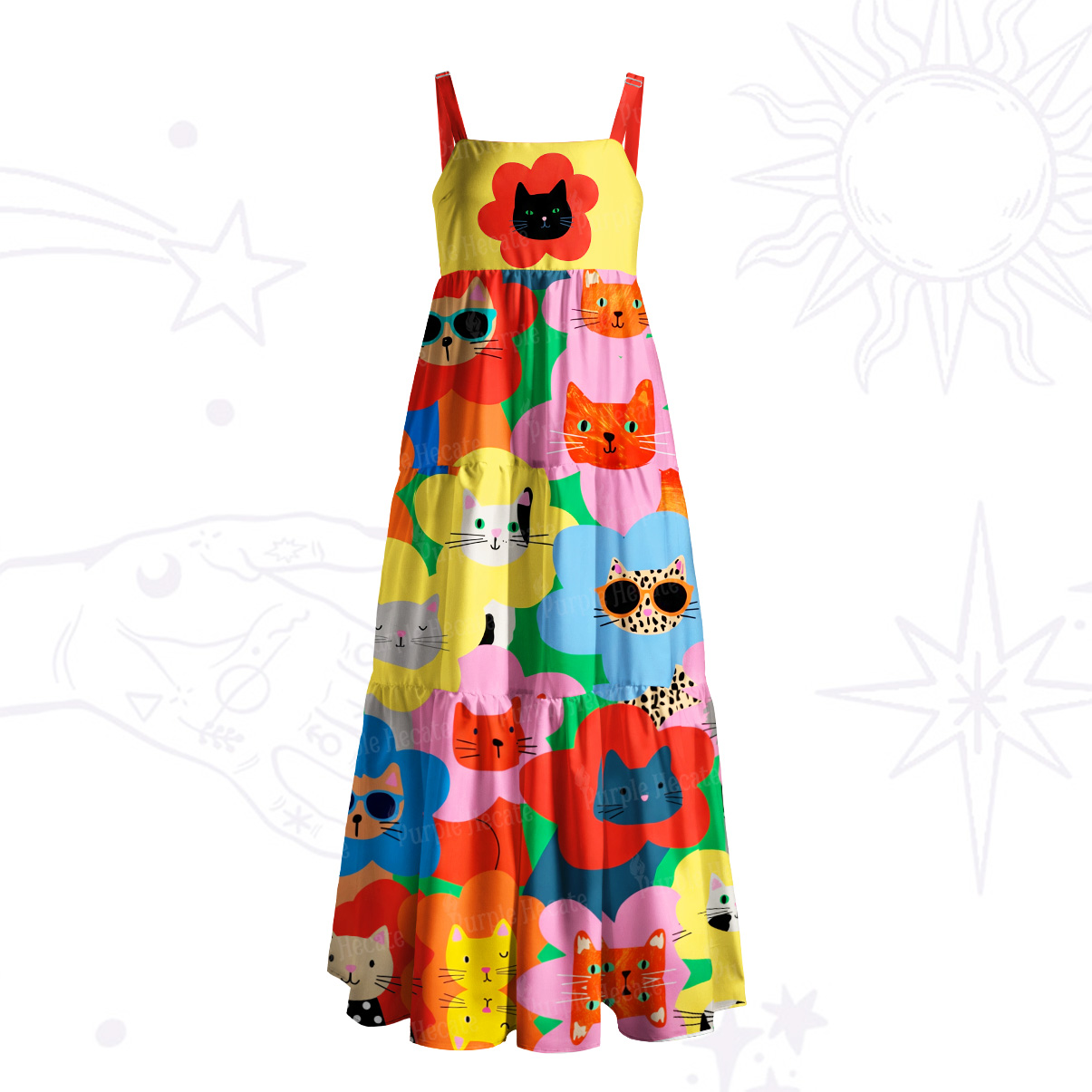 Purplehecate Rainbow Cat Faces Garden Wide Straps Maxi Dress