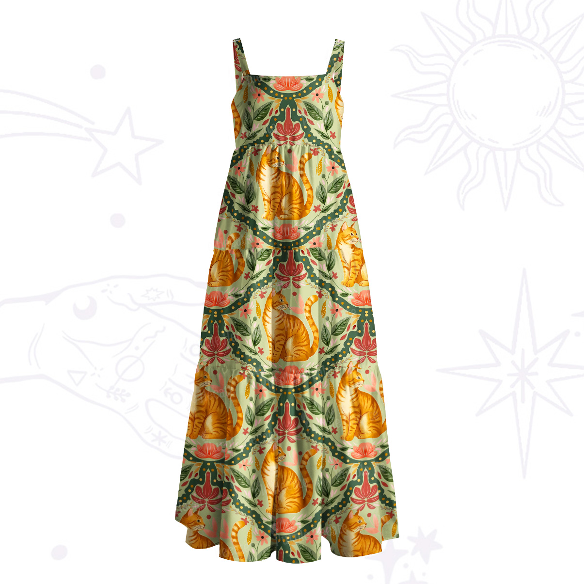 Purplehecate Floral Orange Cat Wide Straps Maxi Dress