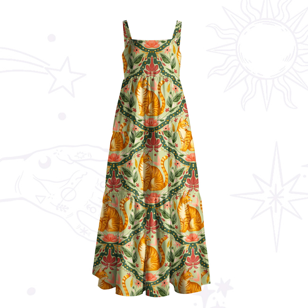 Purplehecate Floral Orange Cat Wide Straps Maxi Dress