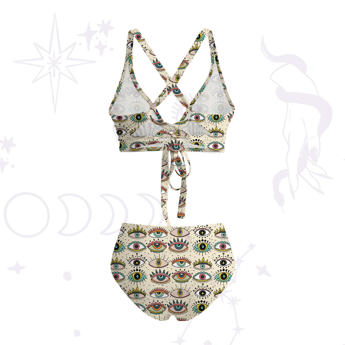 Purplehecate Evil Eye Pattern Crisscross Tie-Back Bikini Set