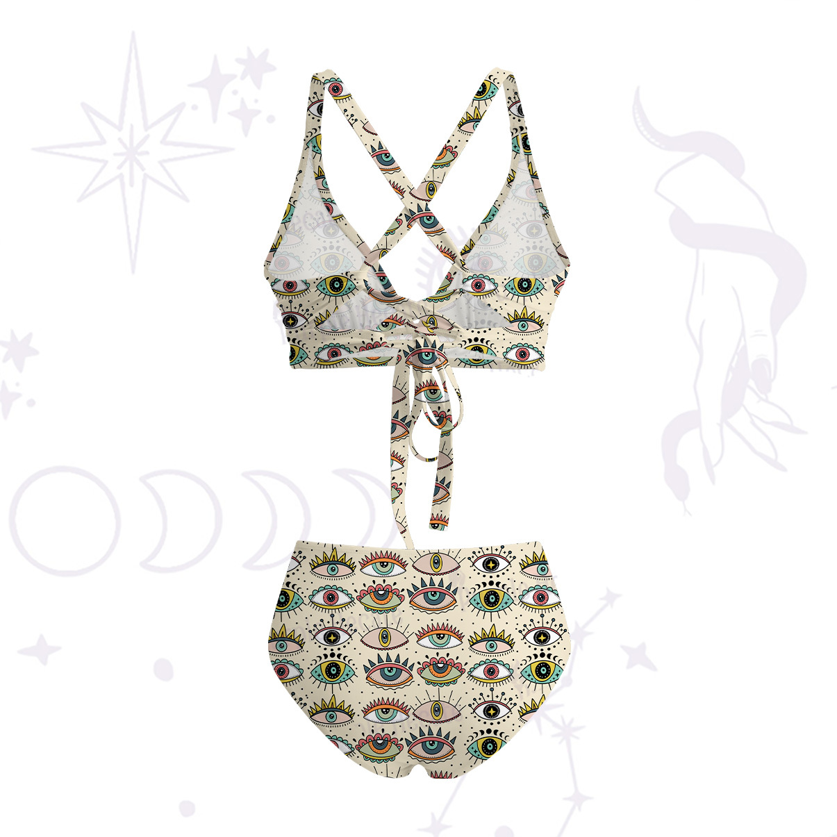 Purplehecate Evil Eye Pattern Crisscross Tie-Back Bikini Set