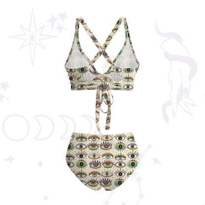 Purplehecate Evil Eye Pattern Crisscross Tie-Back Bikini Set