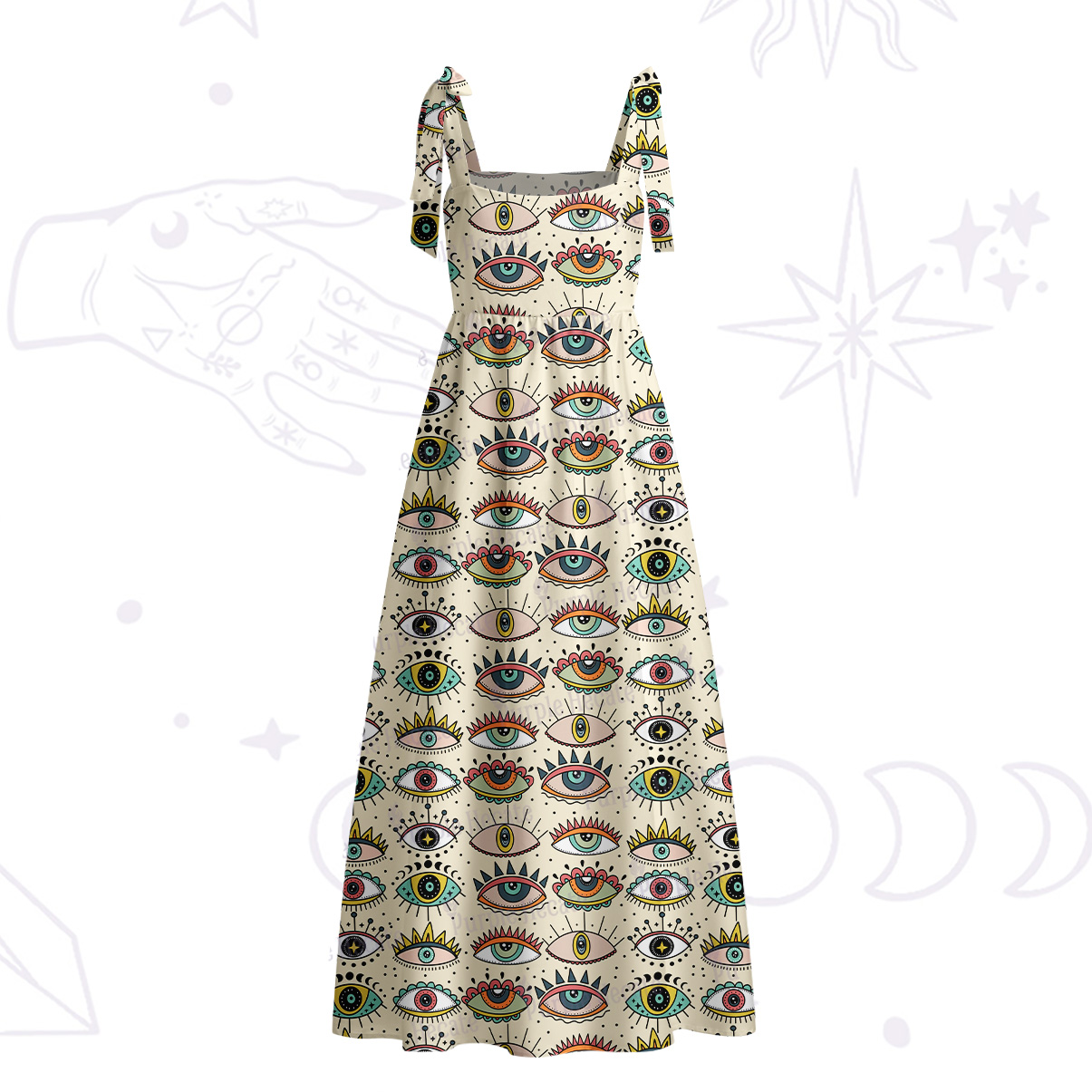 Purplehecate Evil Eye Pattern Tie Shoulder Maxi Dress