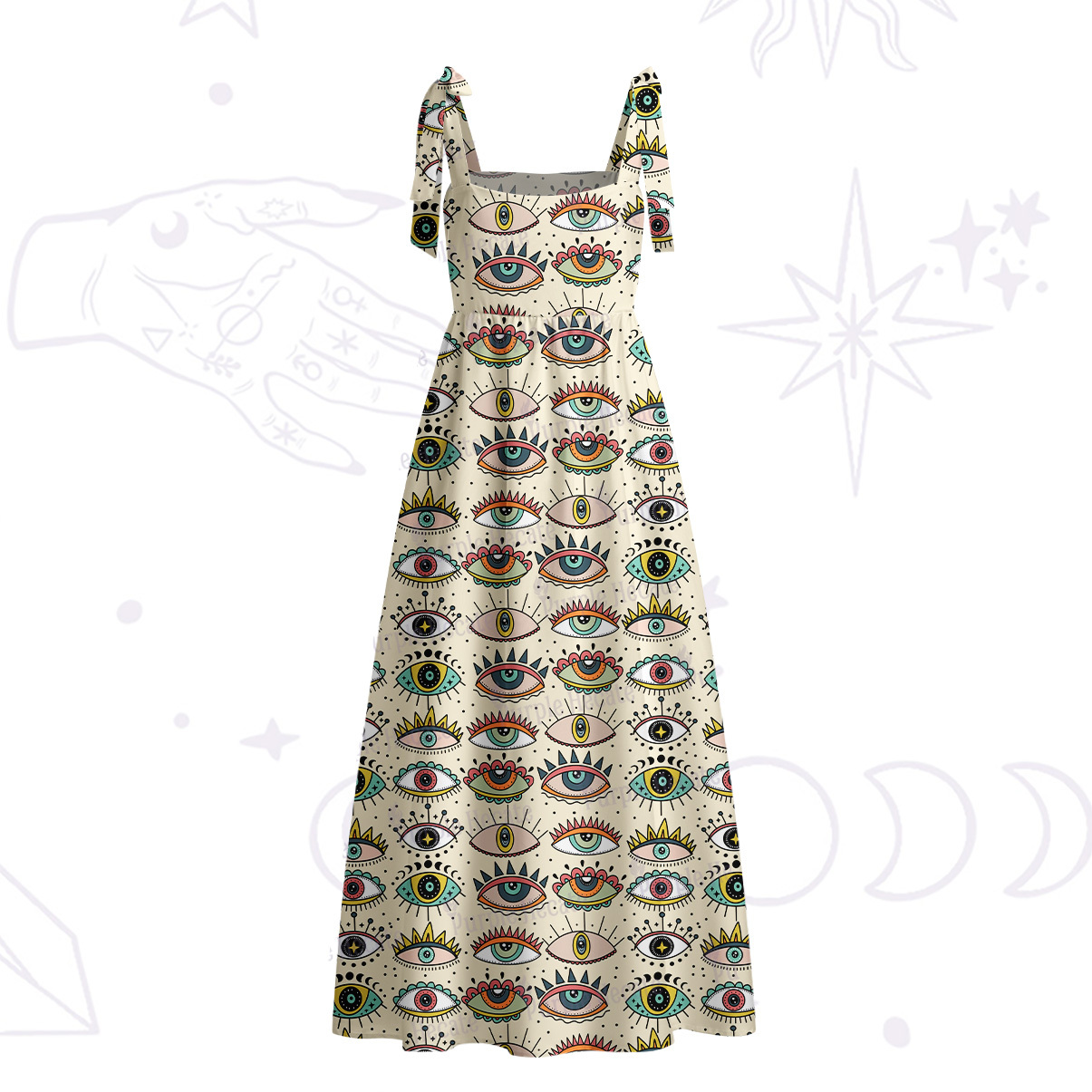 Purplehecate Evil Eye Pattern Tie Shoulder Maxi Dress