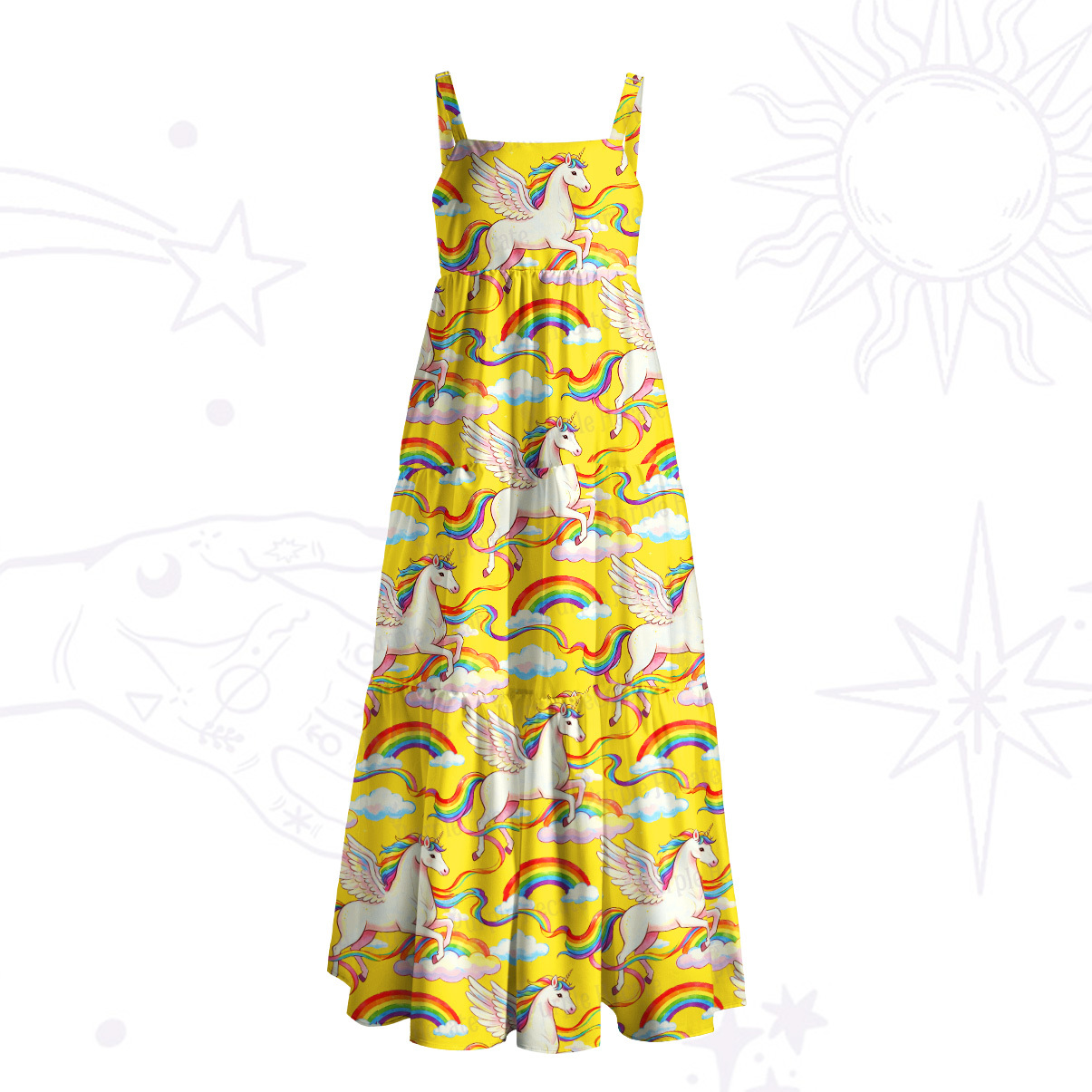 Purplehecate Fantasy Unicorn Cloud Print Wide Straps Maxi Dress