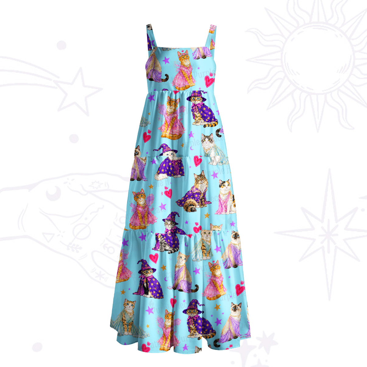 Purplehecate Enchanted Sorcerer Cats Wide Straps Maxi Dress
