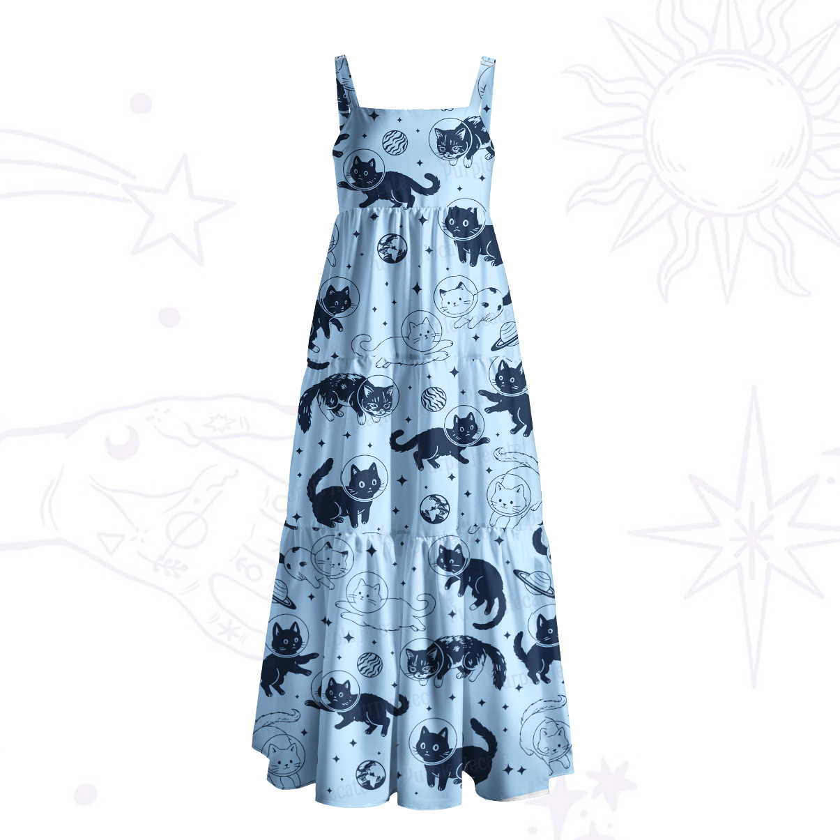 Purplehecate Cats in Space Wide Straps Maxi Dress